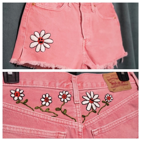 Levi's Pants - Hand-embroidered 501 Levi's Pink Denim Cutoff Shorts with Retro Flowers-Waist 27